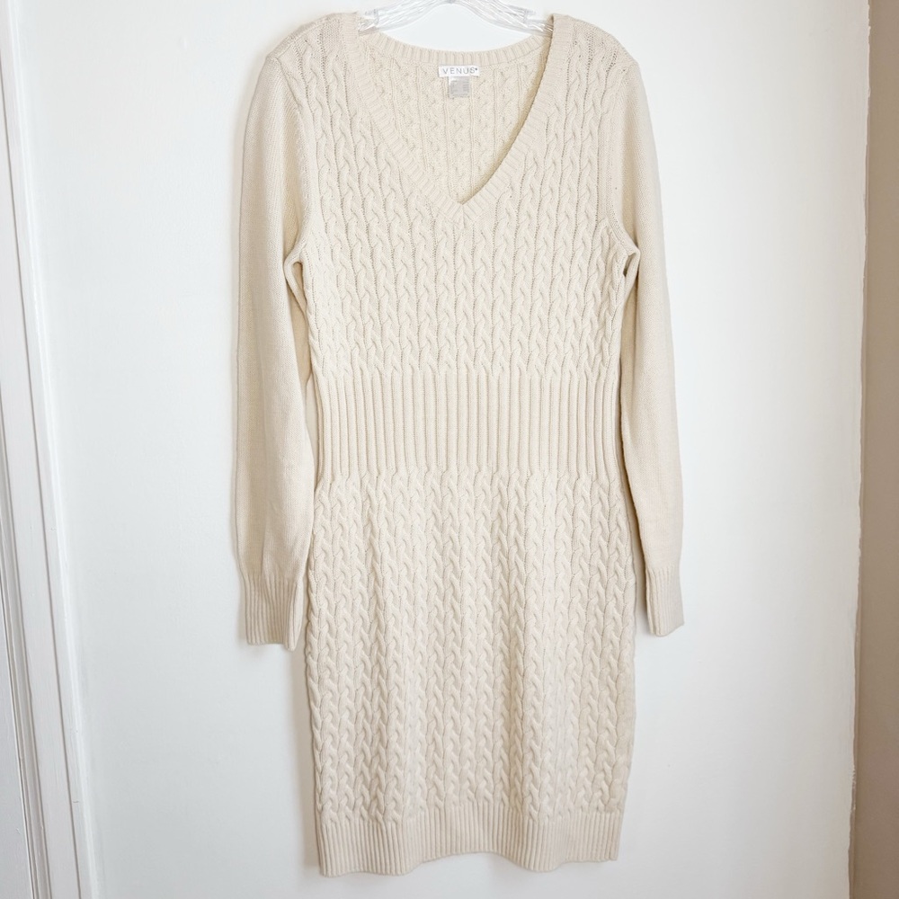 VENUS Cream Long Sleeve Cable Knit Dress with Ribbed Knit Cuffs/WaistBand/Hem - Picture 1 of 10